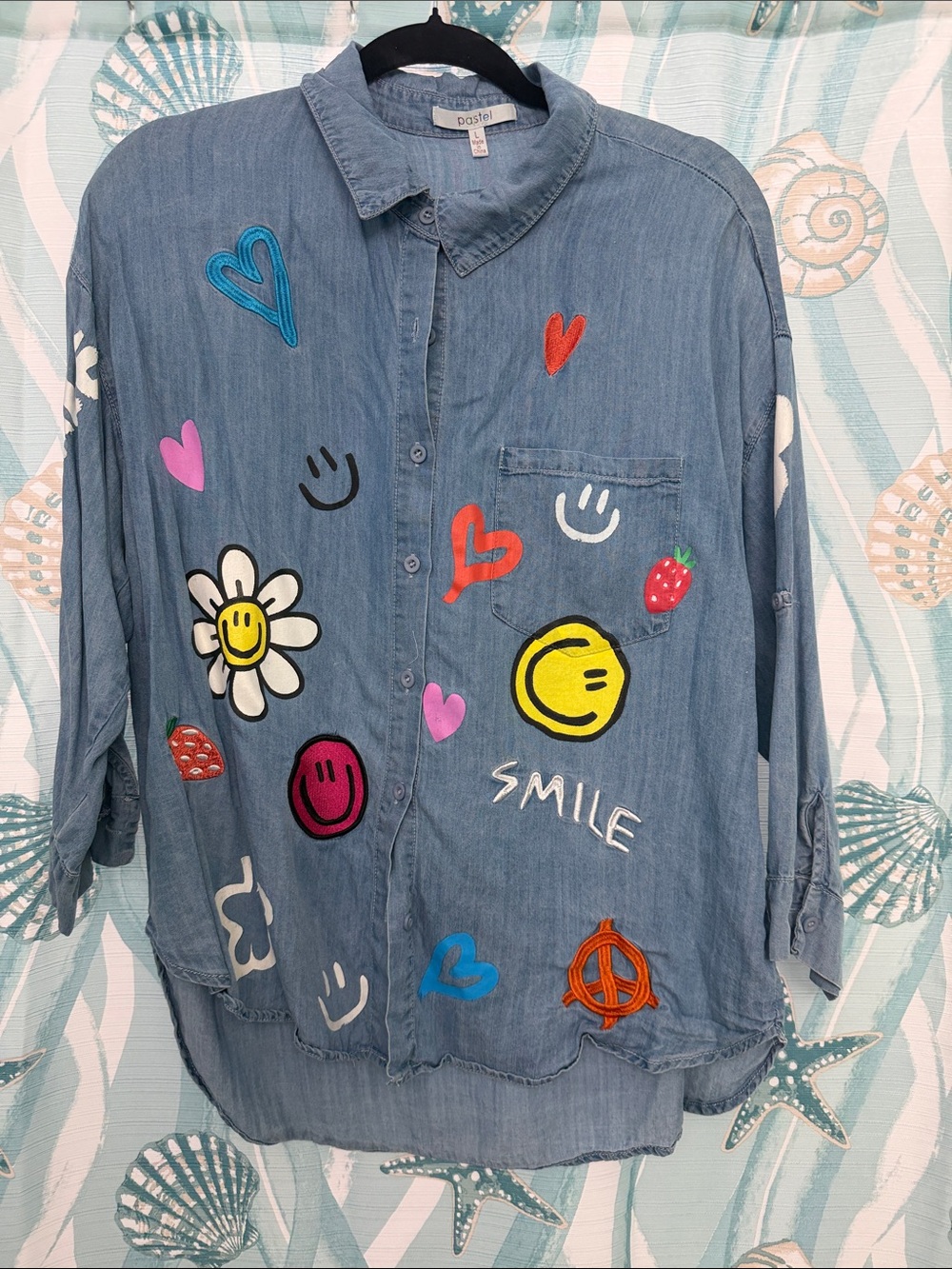 Pastels Blue Denim Button-Up Shirt with Multicolor Appliqués